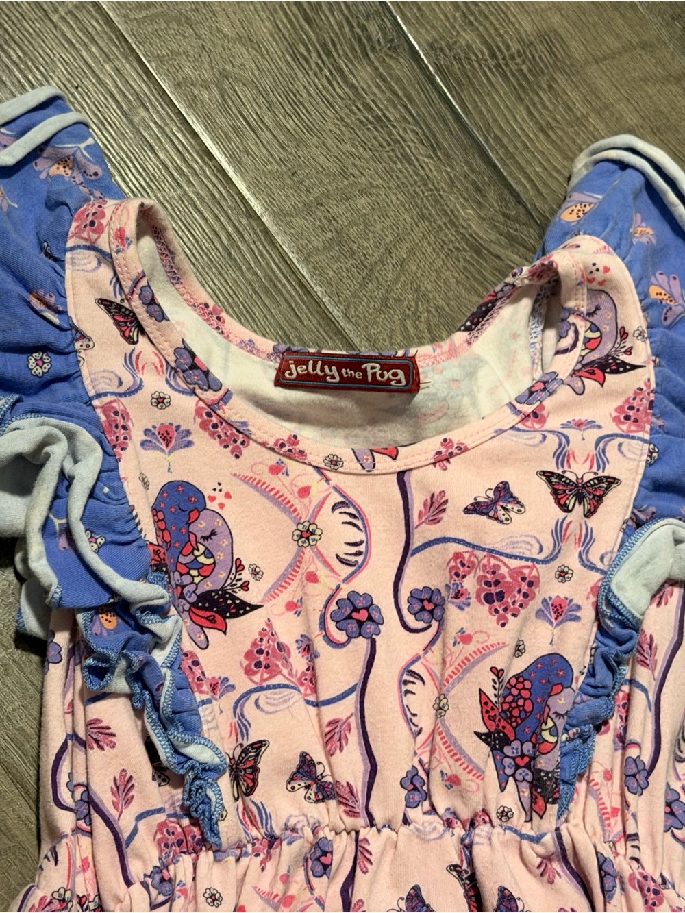 Jelly The Pug Pink and Purple Butterfly & Bird Print Dress - Picture 2 of 5